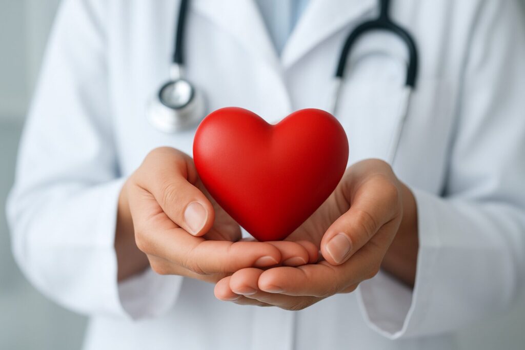 A healthcare professional holding a red heart object symbolizing care