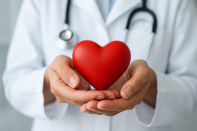 A healthcare professional holding a red heart object symbolizing care
