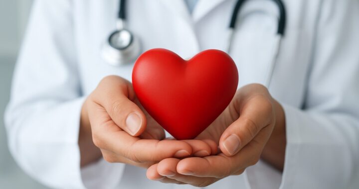 A healthcare professional holding a red heart object symbolizing care