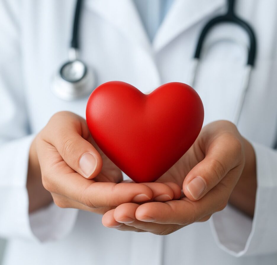 A healthcare professional holding a red heart object symbolizing care