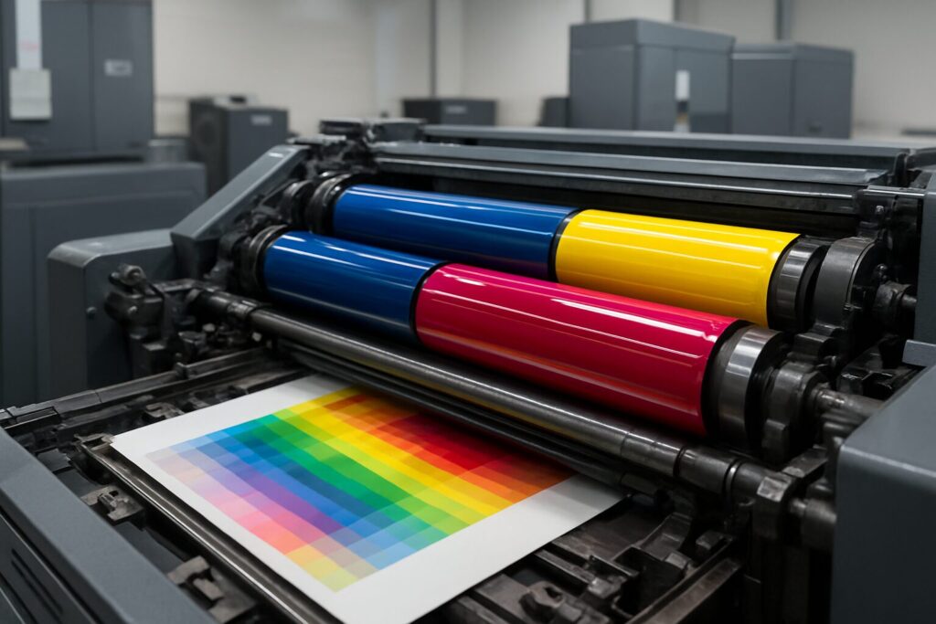 Close-up view of a color printing press with rollers in blue, yellow, and red, producing a rainbow gradient print.