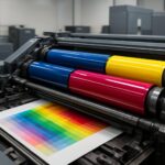 Close-up view of a color printing press with rollers in blue, yellow, and red, producing a rainbow gradient print.