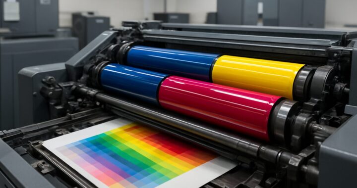 Close-up view of a color printing press with rollers in blue, yellow, and red, producing a rainbow gradient print.