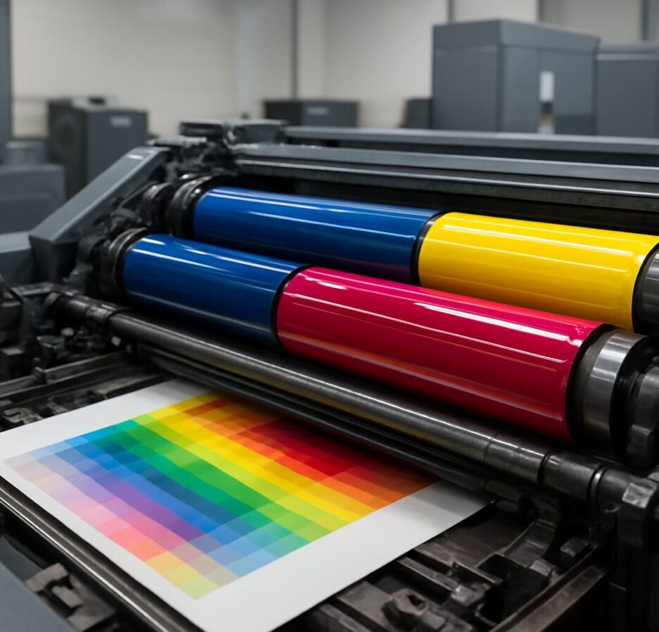 Close-up view of a color printing press with rollers in blue, yellow, and red, producing a rainbow gradient print.