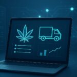 A laptop displaying a digital interface with cannabis and delivery truck icons, representing weed delivery technology.