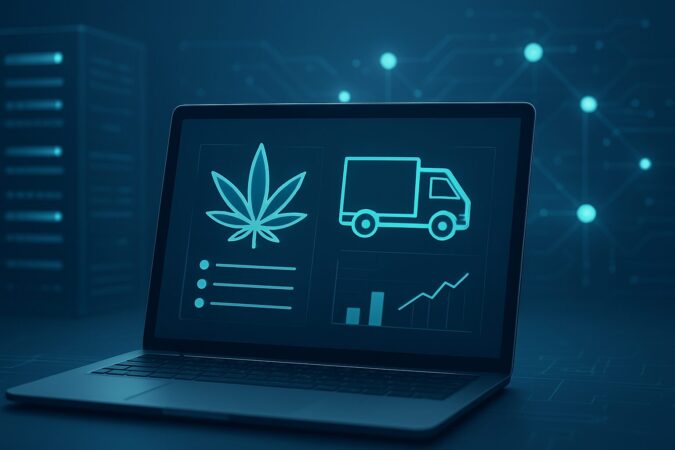 A laptop displaying a digital interface with cannabis and delivery truck icons, representing weed delivery technology.