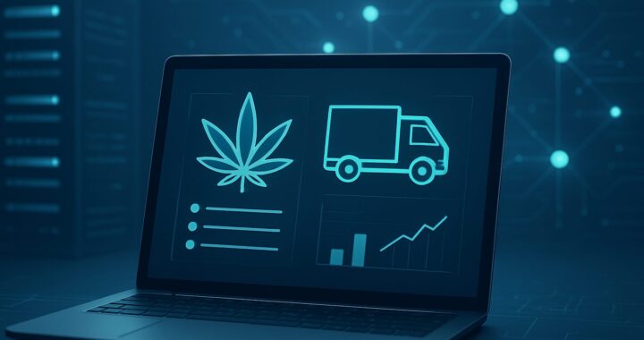 A laptop displaying a digital interface with cannabis and delivery truck icons, representing weed delivery technology.