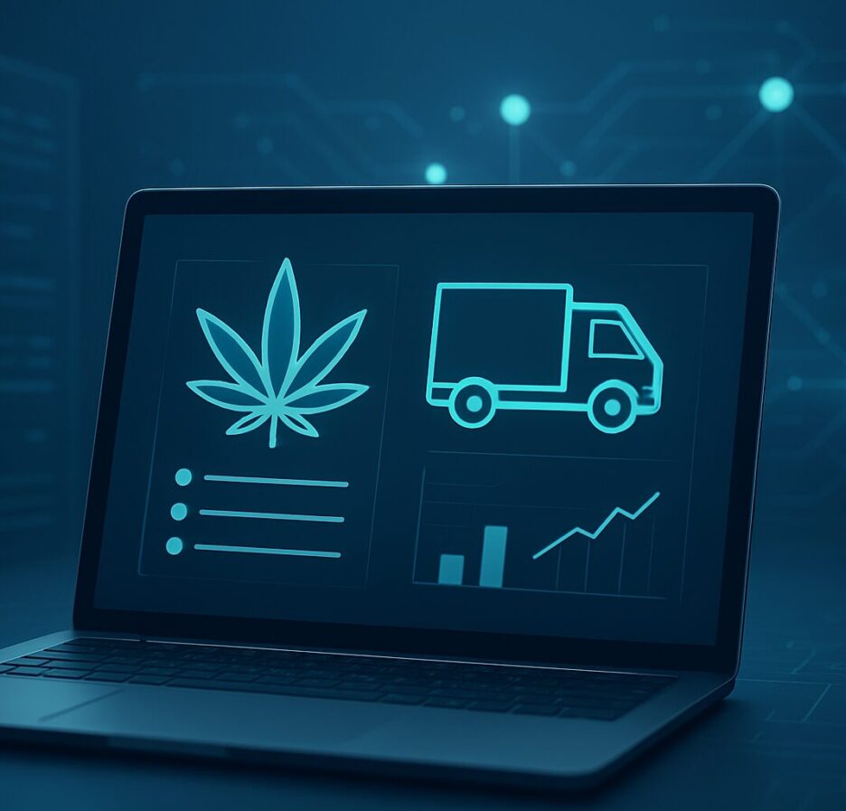 A laptop displaying a digital interface with cannabis and delivery truck icons, representing weed delivery technology.