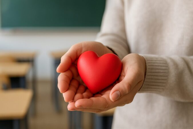Hands holding a red heart shape in a classroom setting without visible text or logos