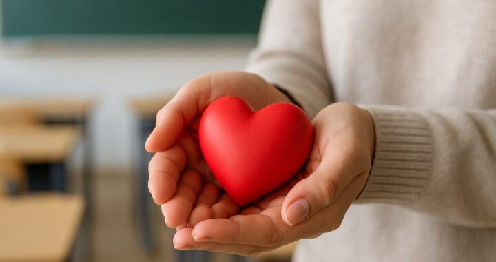 Hands holding a red heart shape in a classroom setting without visible text or logos