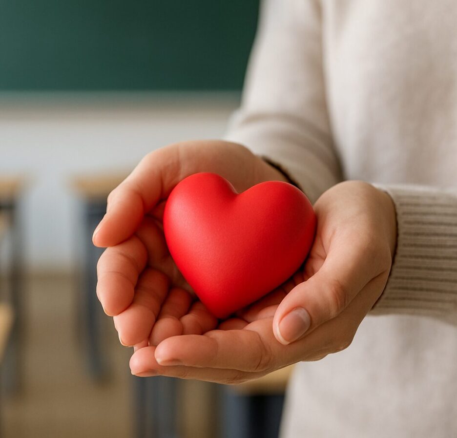 Hands holding a red heart shape in a classroom setting without visible text or logos