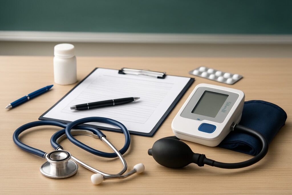 Medical equipment including a stethoscope, blood pressure monitor, clipboard, and pen on a wooden table