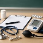 Medical equipment including a stethoscope, blood pressure monitor, clipboard, and pen on a wooden table