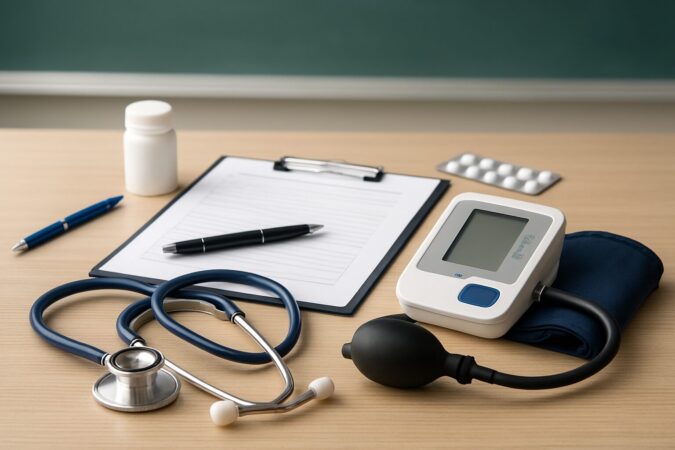 Medical equipment including a stethoscope, blood pressure monitor, clipboard, and pen on a wooden table