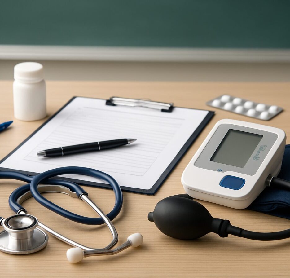 Medical equipment including a stethoscope, blood pressure monitor, clipboard, and pen on a wooden table